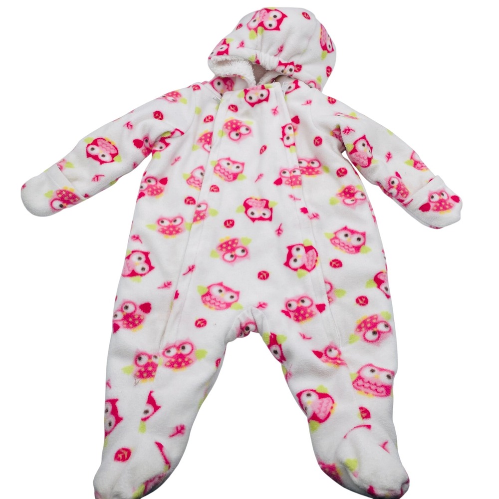 Cuddle Bear 3 month Baby Fleece Owl Print‎ Hooded Snowsuit Bunting White Pink